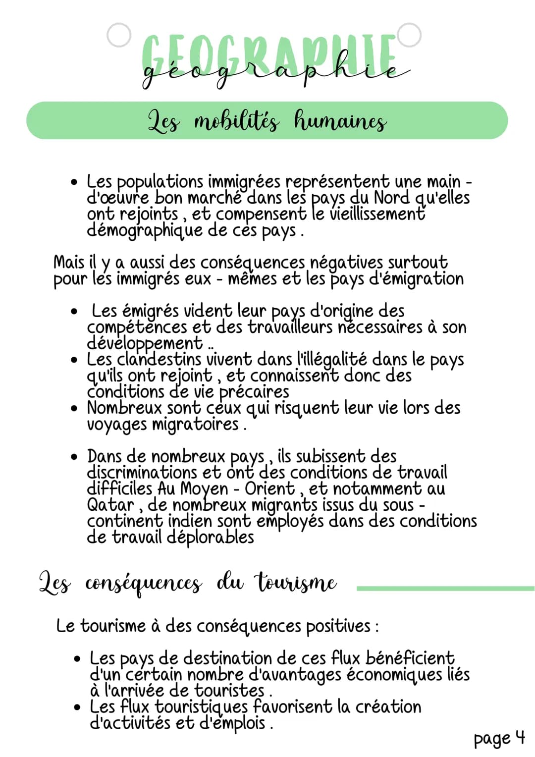 GEOGRAPHIE
g
Les mobilités humaines
Il existe deux types de mobilité humaine :
• les migrations
• le tourisme
Ces deux types de mobilités so