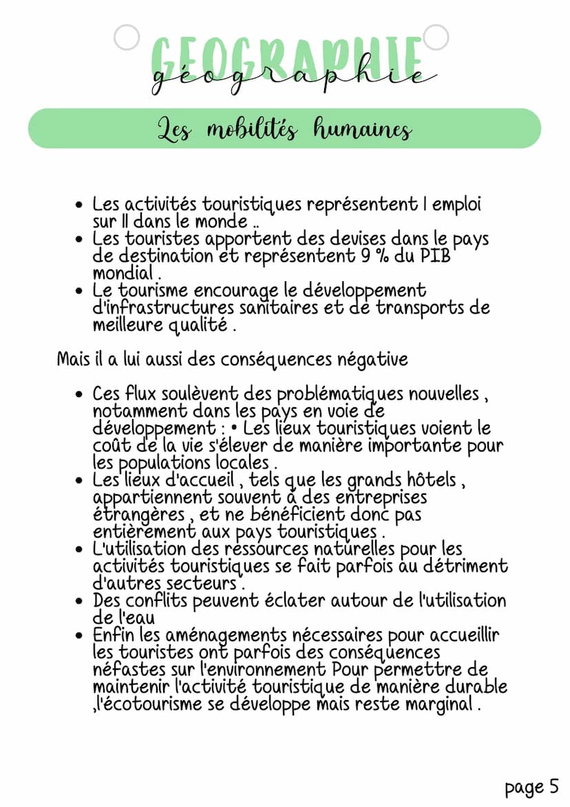 GEOGRAPHIE
g
Les mobilités humaines
Il existe deux types de mobilité humaine :
• les migrations
• le tourisme
Ces deux types de mobilités so