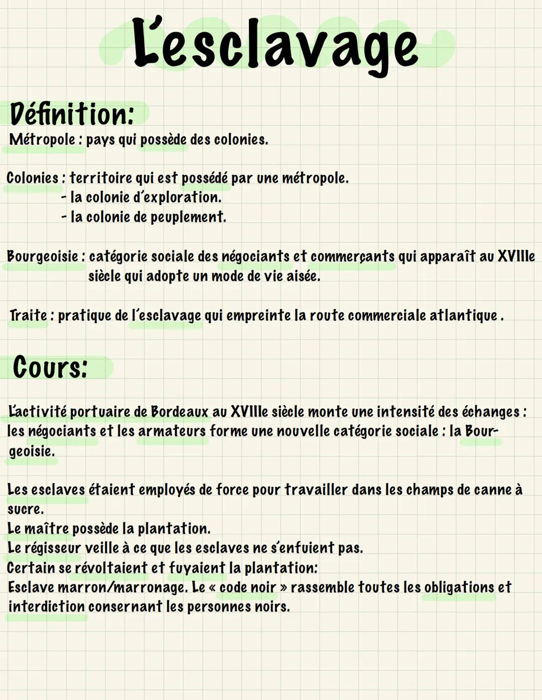 L'esclavage
Définition:
Métropole: pays qui possède des colonies.
Colonies territoire qui est possédé par une métropole.
- la colonie d'expl
