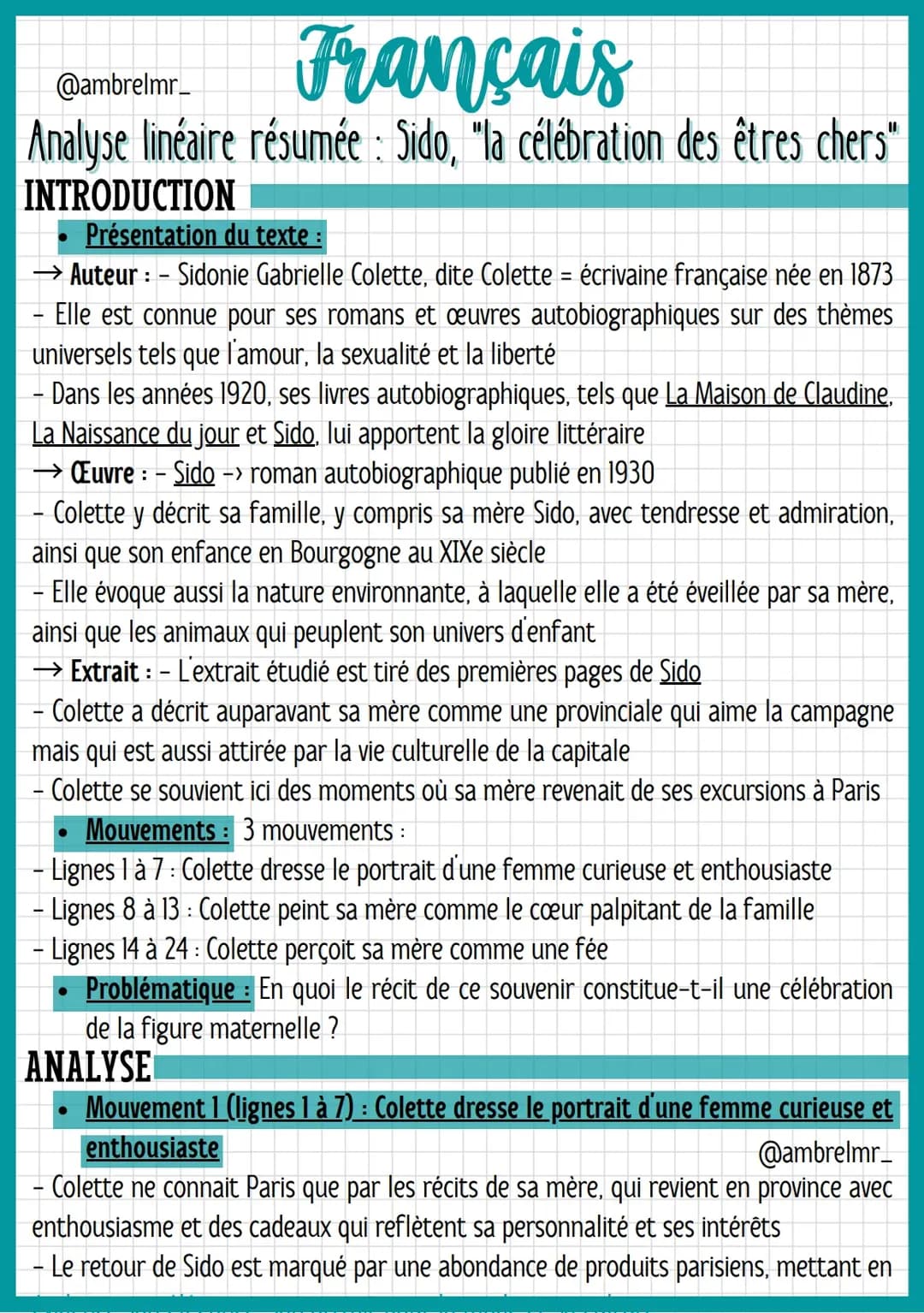 Analyse linéaire de Colette et Sido : Découvre les secrets de chaque chapitre