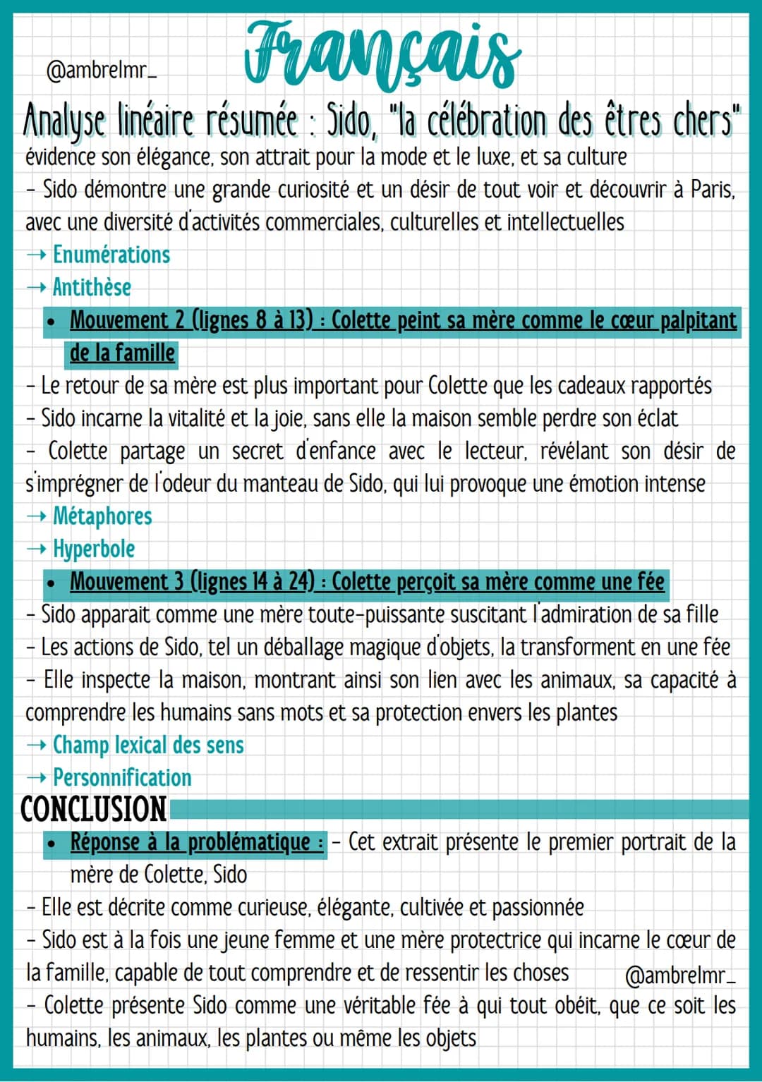 Français
@ambrelmr_
Analyse linéaire résumée: Sido, "la célébration des êtres chers"
INTRODUCTION
Présentation du texte :
→ Auteur : - Sidon