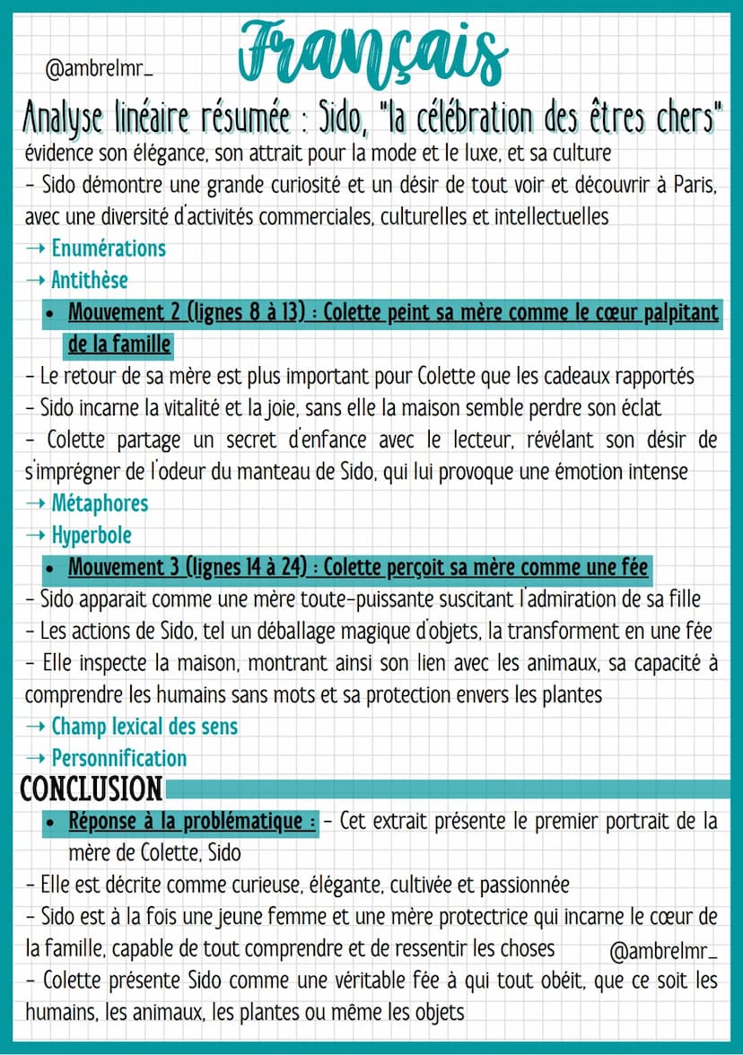 Français
@ambrelmr_
Analyse linéaire résumée: Sido, "la célébration des êtres chers"
INTRODUCTION
Présentation du texte :
→ Auteur : - Sidon
