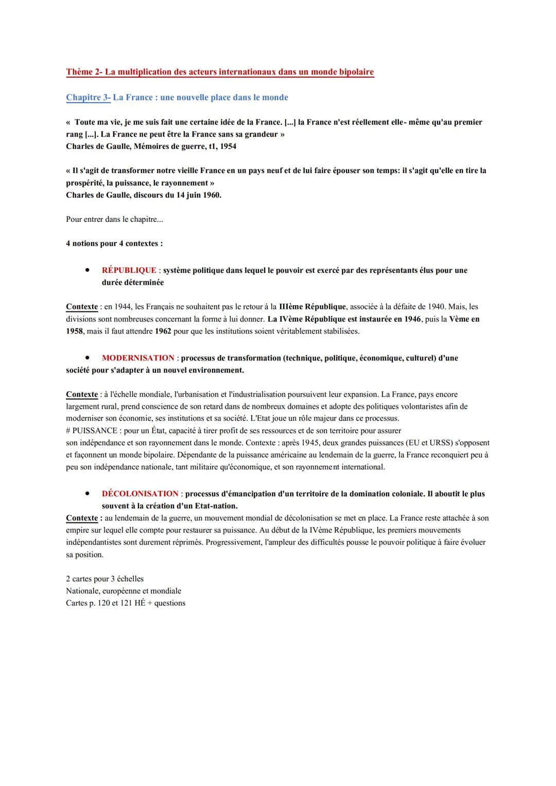 Thème 2- La multiplication des acteurs internationaux dans un monde bipolaire
Chapitre 3- La France : une nouvelle place dans le monde
<< To