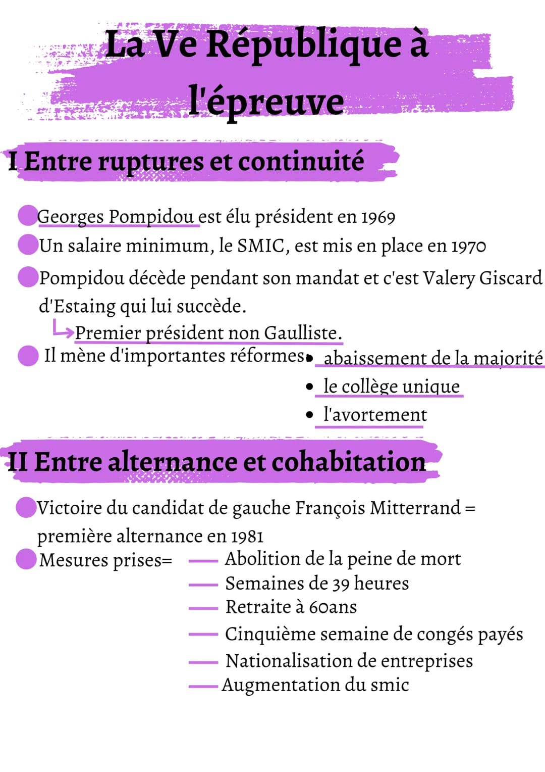 La Ve République à
l'épreuve
I Entre ruptures et continuité
Georges Pompidou est élu président en 1969
Un salaire minimum, le SMIC, est mis 