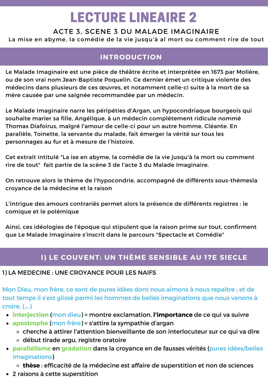 LECTURE LINEAIRE 2
ACTE 3, SCENE 3 DU MALADE IMAGINAIRE
La mise en abyme, la comédie de la vie jusqu'à al mort ou comment rire de tout
INTRO