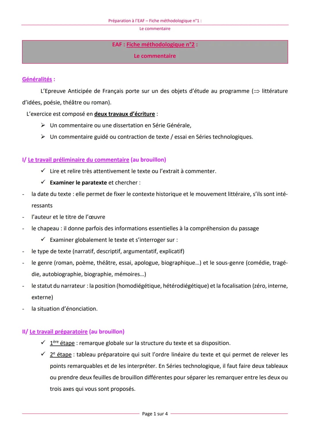 Préparation à l'EAF - Fiche méthodologique n°1 :
Le commentaire
EAF : Fiche méthodologique n°2 :
Le commentaire
Généralités :
L'Epreuve Anti