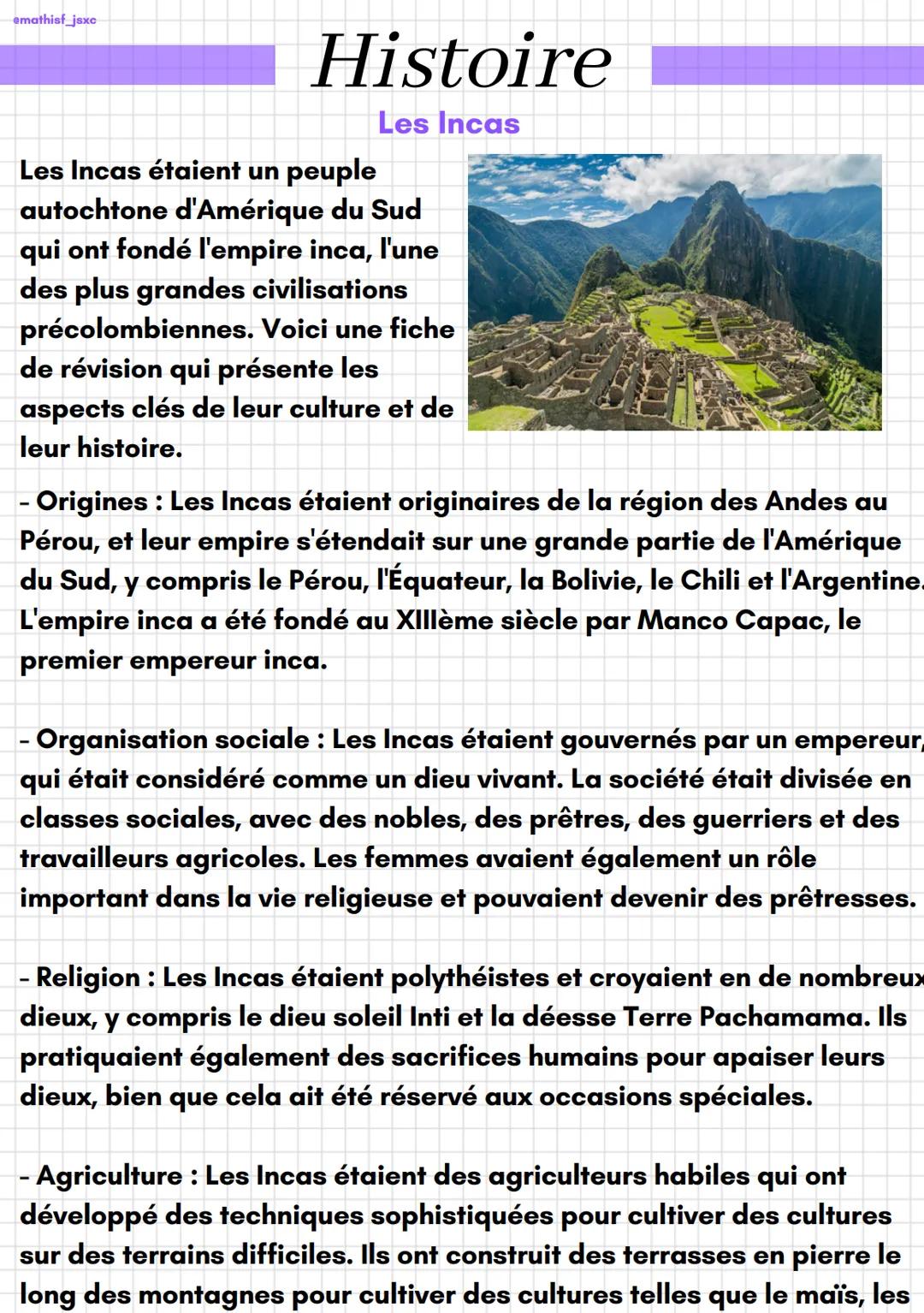 # Histoire

Les Incas

Les Incas étaient un peuple
autochtone d'Amérique du Sud
qui ont fondé l'empire inca, l'une
des plus grandes civilisa
