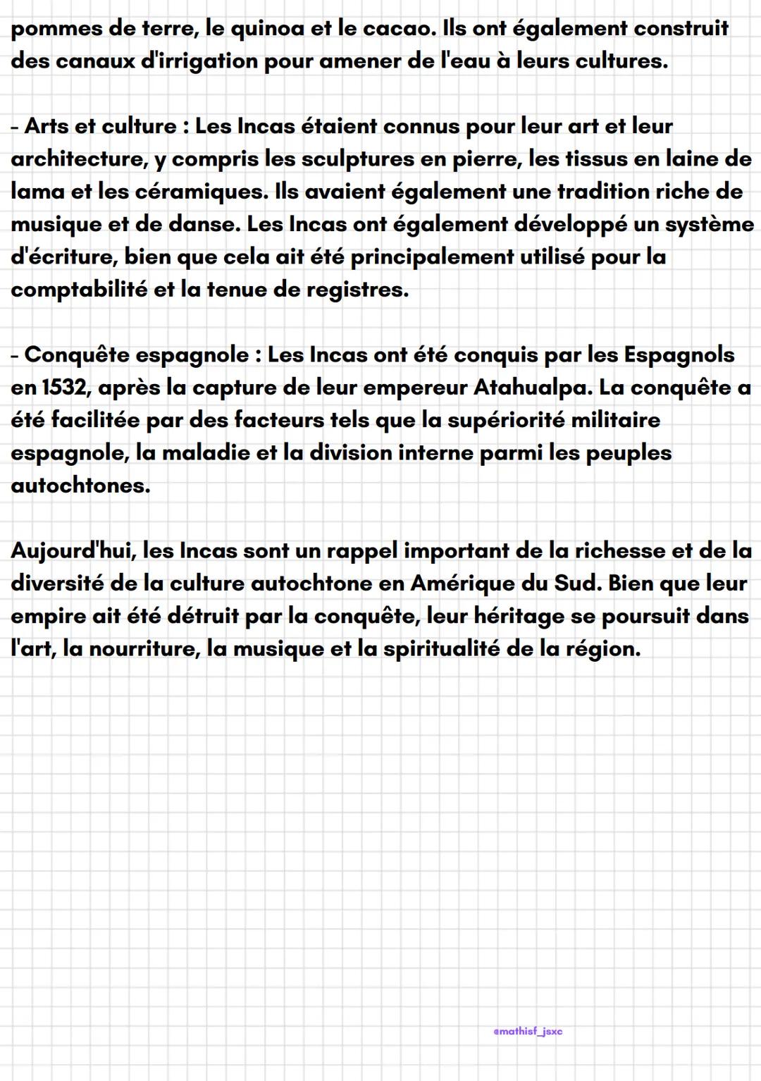 # Histoire

Les Incas

Les Incas étaient un peuple
autochtone d'Amérique du Sud
qui ont fondé l'empire inca, l'une
des plus grandes civilisa