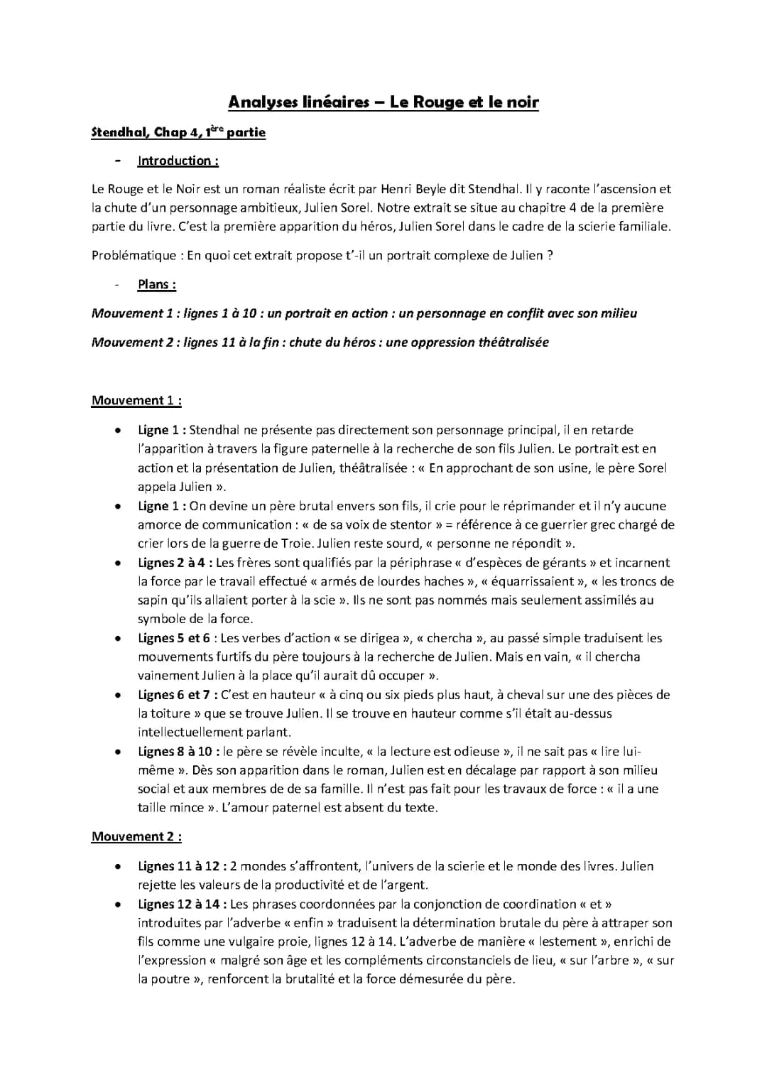 Analyse Linéaire du Rouge et le Noir Chapitre 4: Découvre Julien Sorel