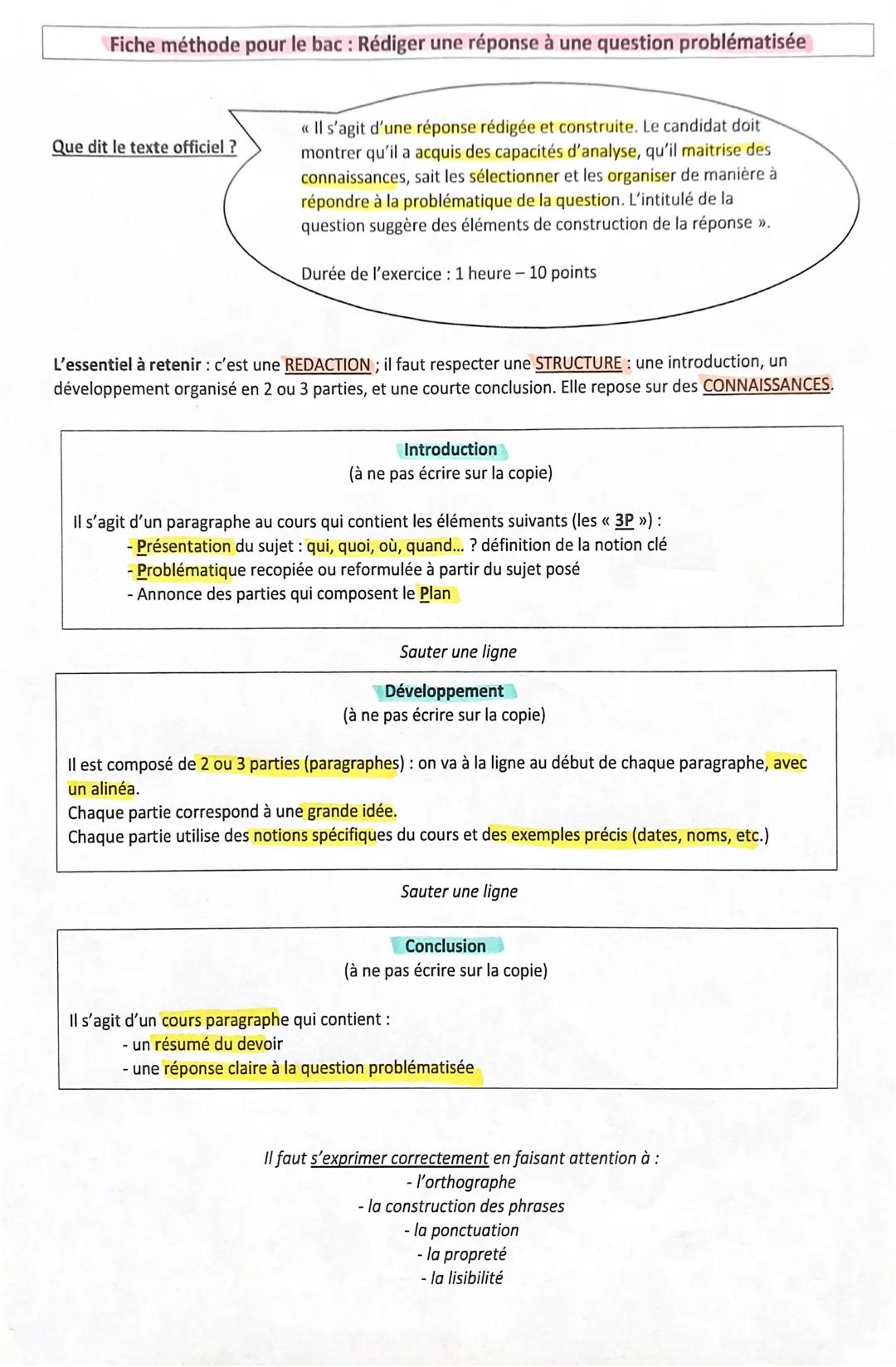 Fiche méthode pour le bac : Rédiger une réponse à une question problématisée
Que dit le texte officiel ?
« Il s'agit d'une réponse rédigée e