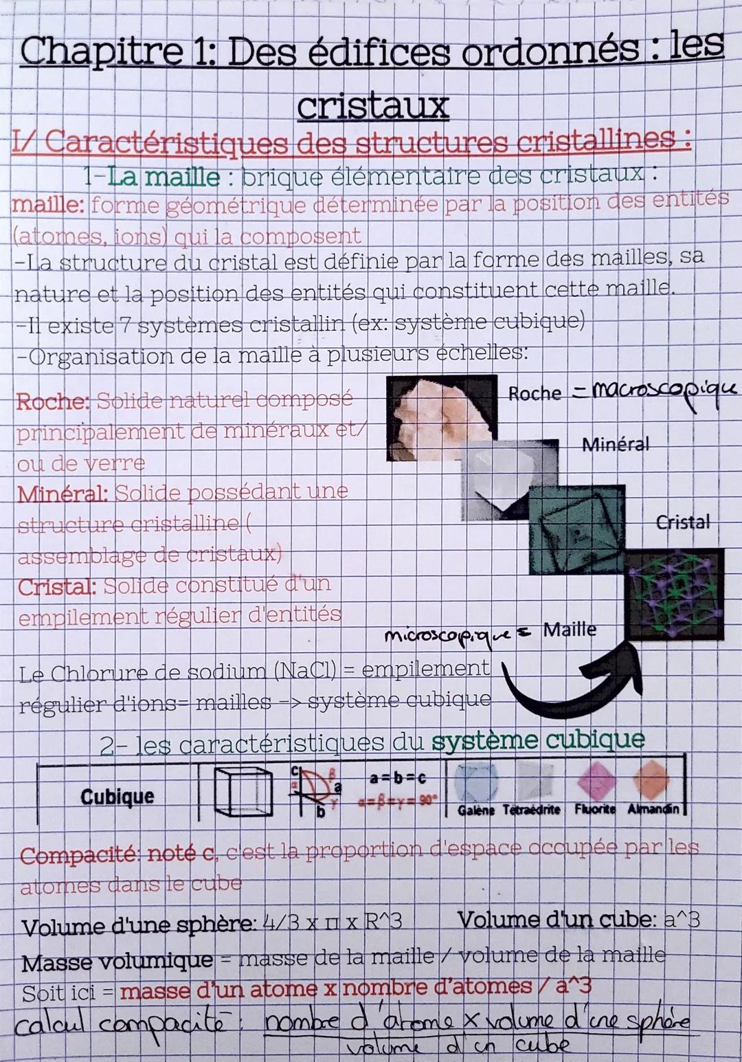 Chapitre 1: Des édifices ordonnés : les
cristaux
I/ Caractéristiques des structures cristallines :
1-La maille : brique élémentaire des cris