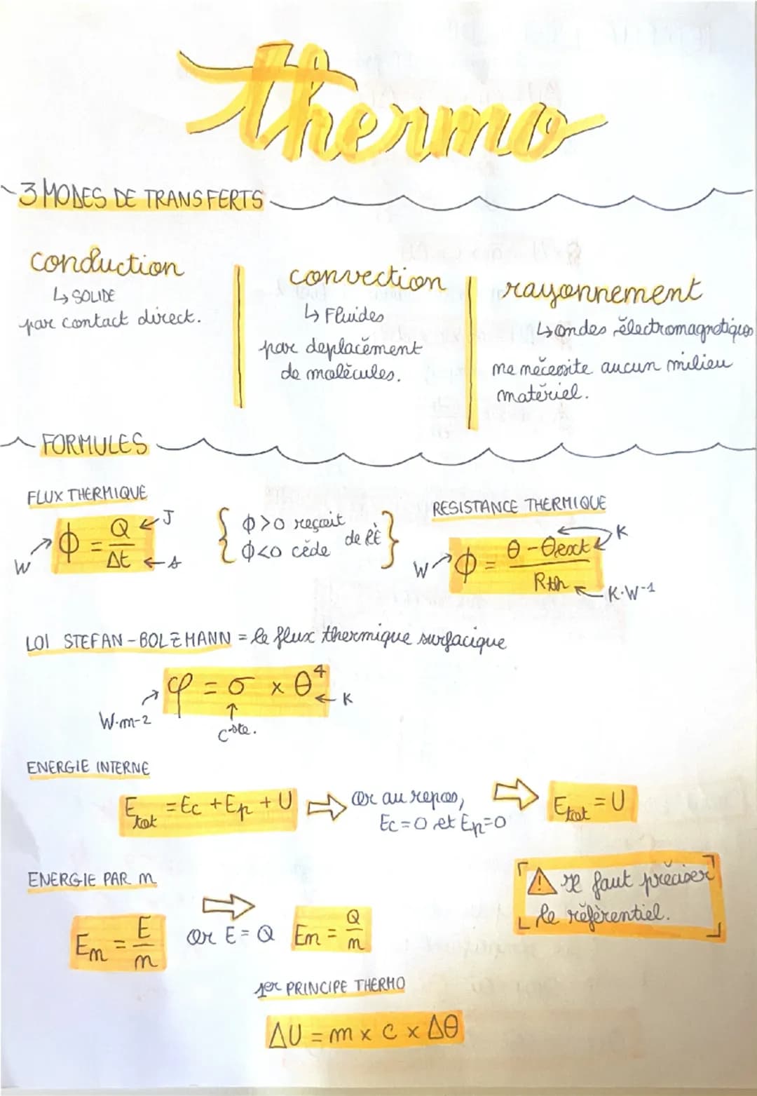 thermo
3 MODES DE TRANSFERTS
conduction
↳ SOLIDE
par contact direct.
convection
↳ Fluides
par deplacement
de molecules.
rayonnement
Landes e