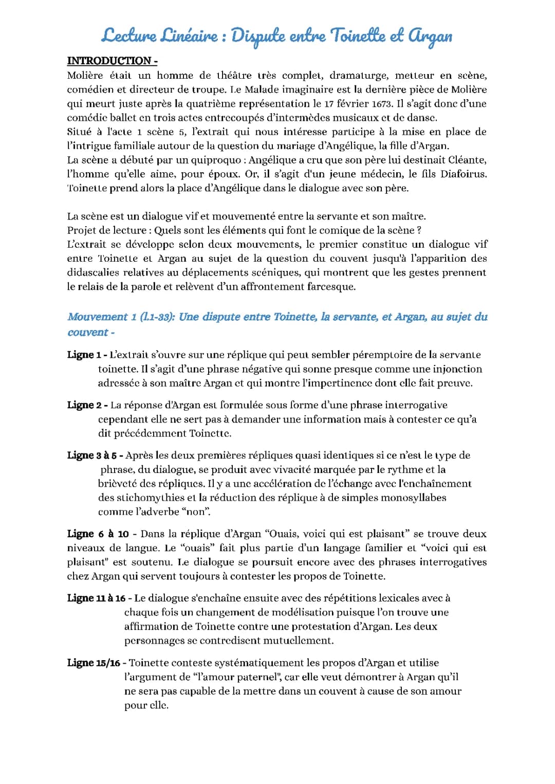 Lecture linéaire du Malade Imaginaire : Acte 1 Scène 5