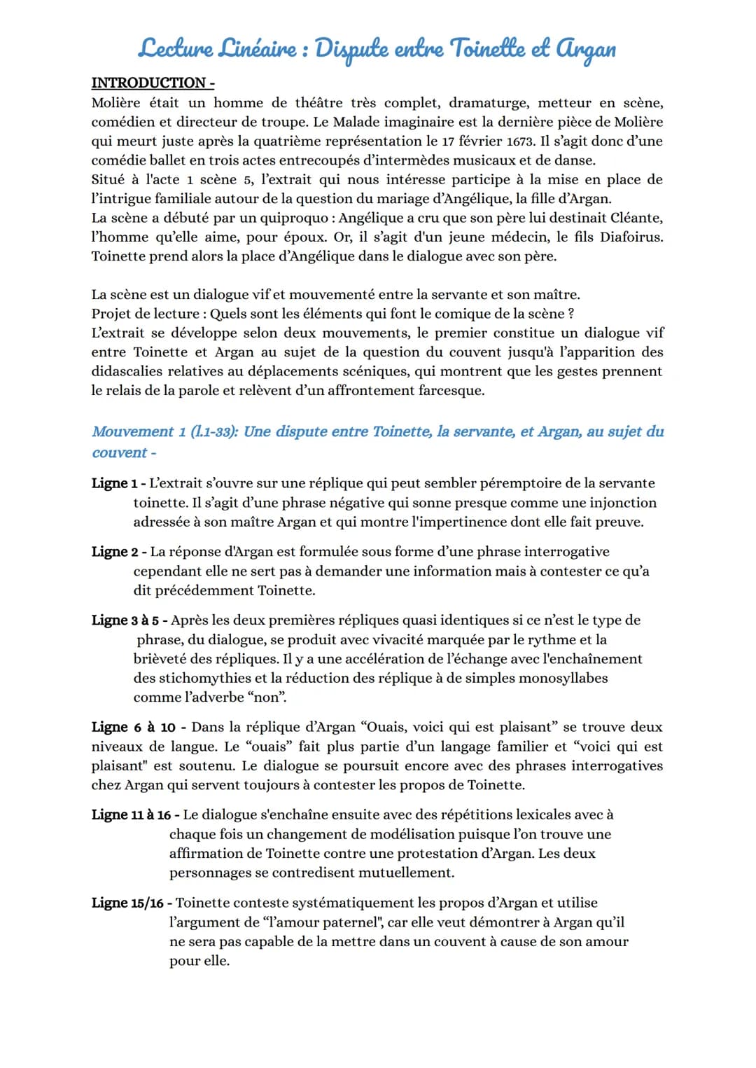 Lecture Linéaire: Dispute entre Toinette et Argan
INTRODUCTION -
Molière était un homme de théâtre très complet, dramaturge, metteur en scèn