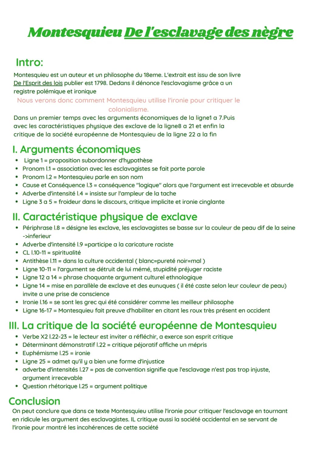 Intro:
Montesquieu est un auteur et un philosophe du 18eme. L'extrait est issu de son livre
De l'Esprit des lois publier est 1798. Dedans il