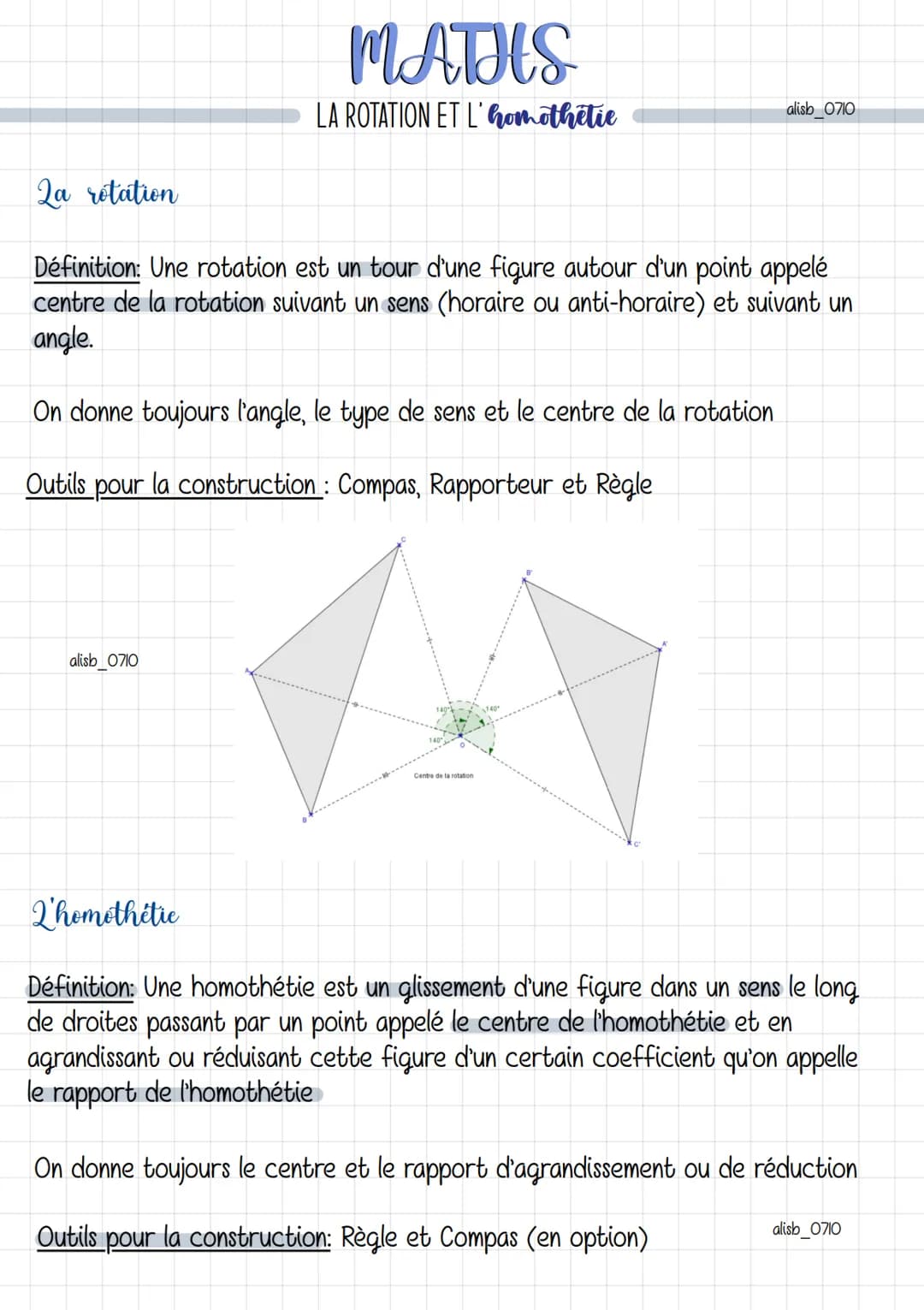MATHS
LA ROTATION ET L'omothetie
2a retation
Définition: Une rotation est un tour d'une figure autour d'un point appelé
centre de la rotatio