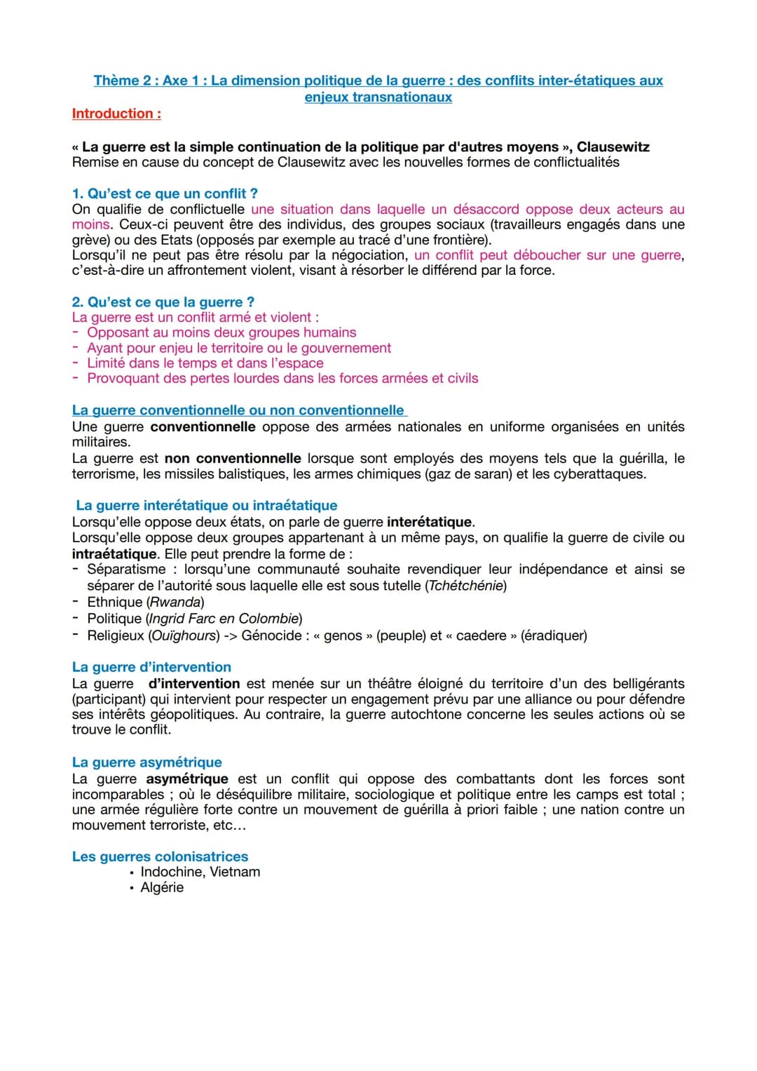 Thème 2: Axe 1: La dimension politique de la guerre : des conflits inter-étatiques aux
enjeux transnationaux
Introduction :
<< La guerre est