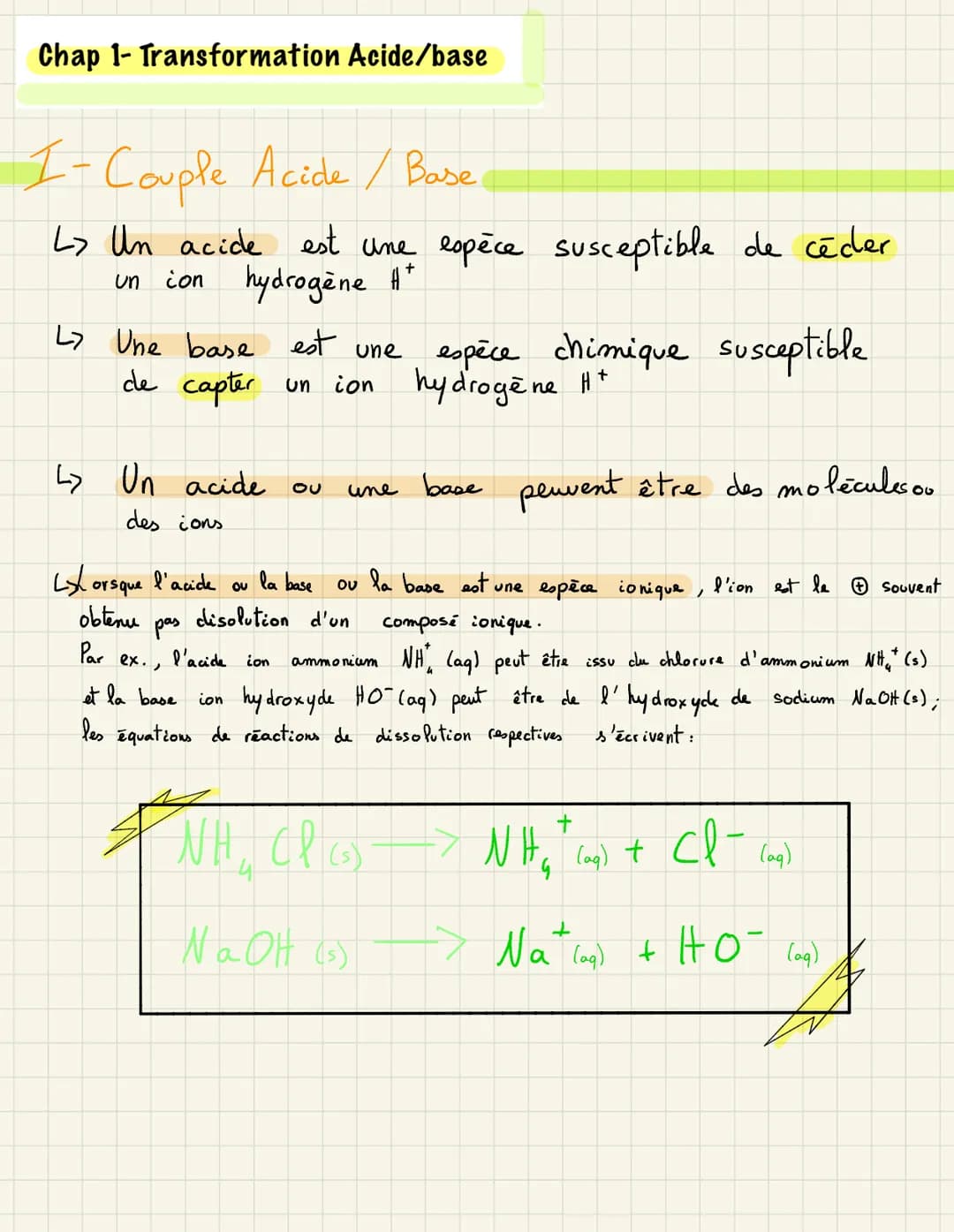 Chap 1- Transformation Acide/base Chap 1- Transformation Acide/base
1- Couple Acide / Base
L> Un acide est une espèce susceptible de céder
u