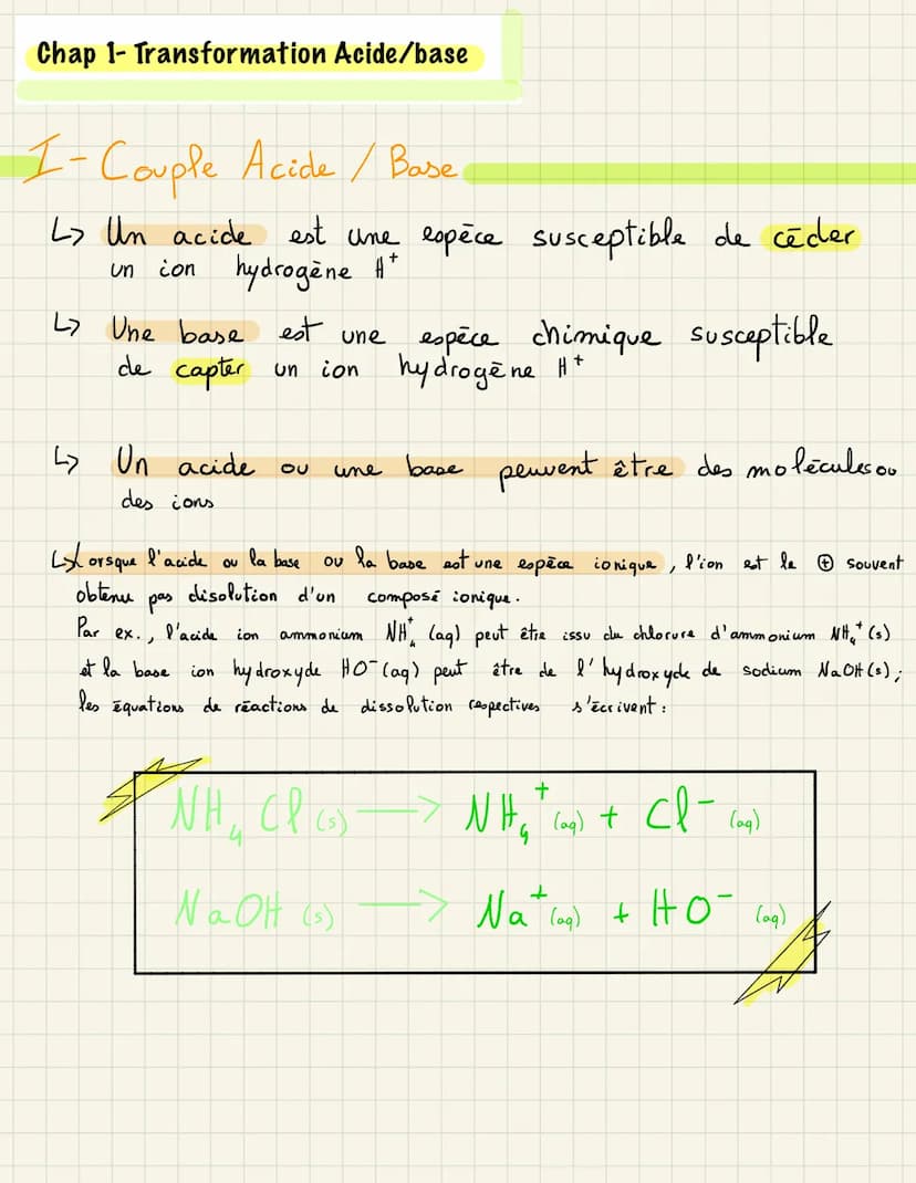 Chap 1- Transformation Acide/base Chap 1- Transformation Acide/base
1- Couple Acide / Base
L> Un acide est une espèce susceptible de céder
u
