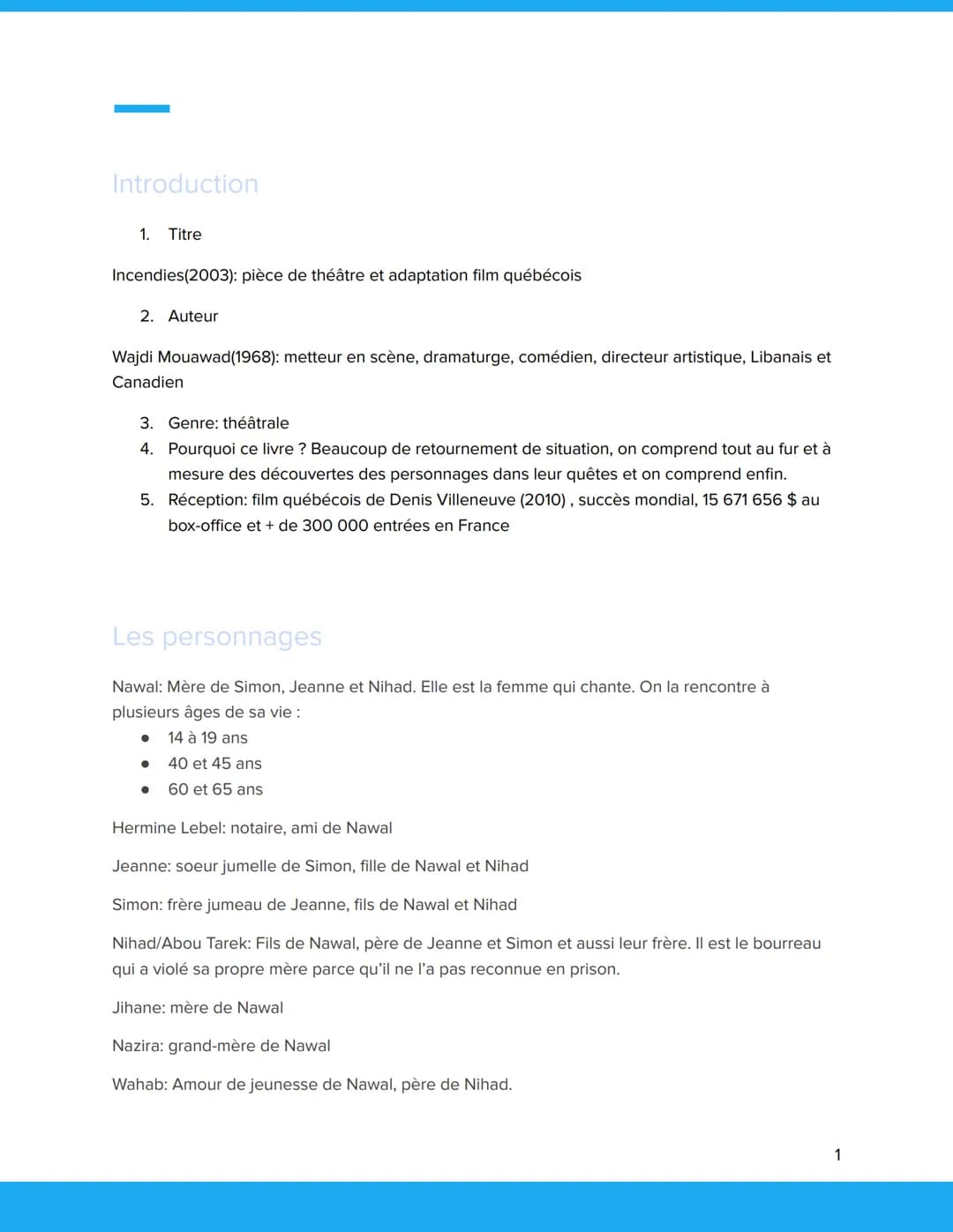 Fiche de lecture cursive:
Crise personnelle, crise
familiale
Incendies Introduction
1. Titre
Incendies (2003): pièce de théâtre et adaptatio