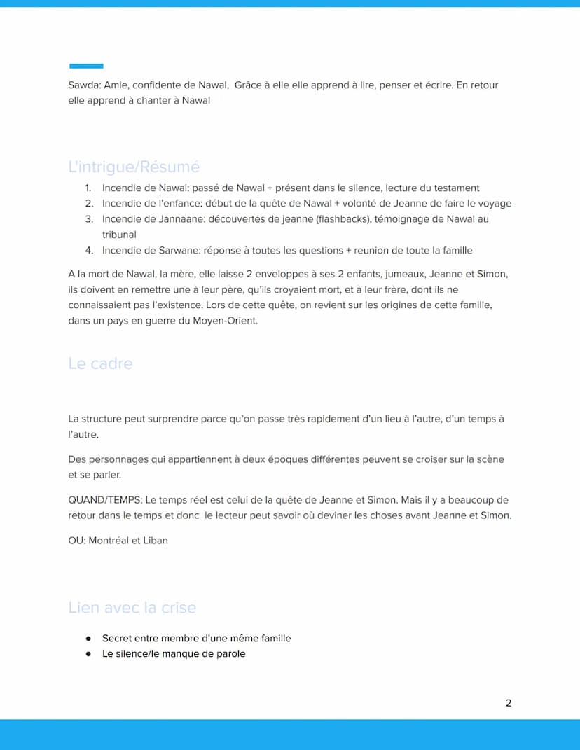 Fiche de lecture cursive:
Crise personnelle, crise
familiale
Incendies Introduction
1. Titre
Incendies (2003): pièce de théâtre et adaptatio