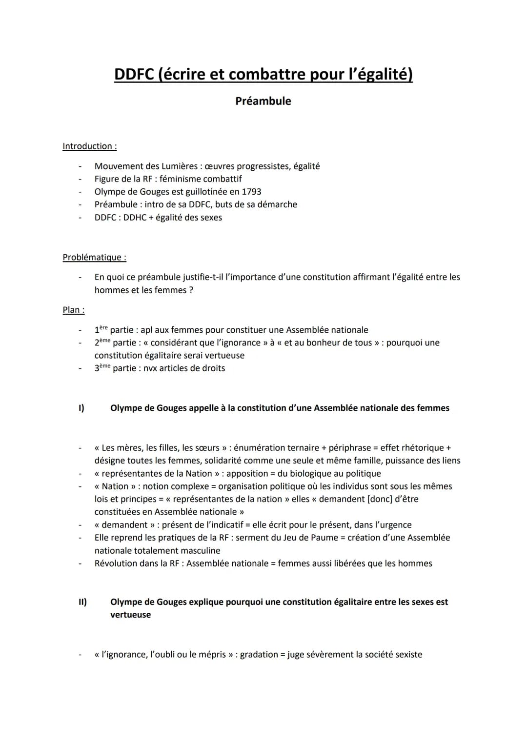 Introduction :
Plan :
DDFC (écrire et combattre pour l'égalité)
Préambule
Problématique :
En quoi ce préambule justifie-t-il l'importance d'