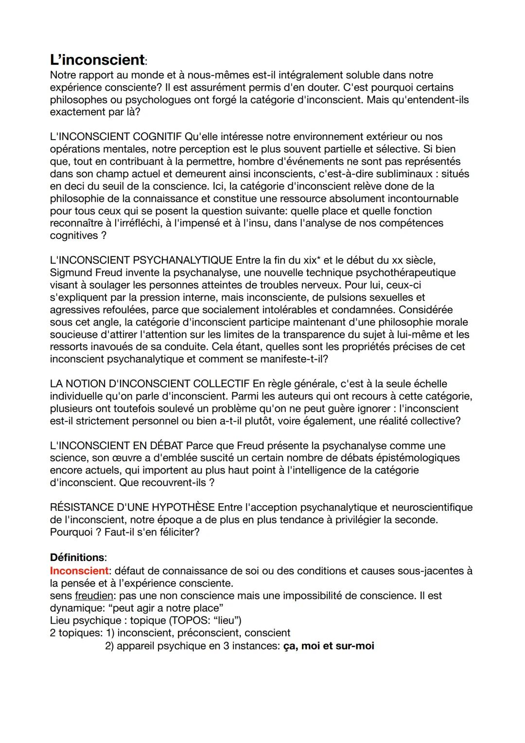 L'inconscient:
Notre rapport au monde et à nous-mêmes est-il intégralement soluble dans notre
expérience consciente? Il est assurément permi