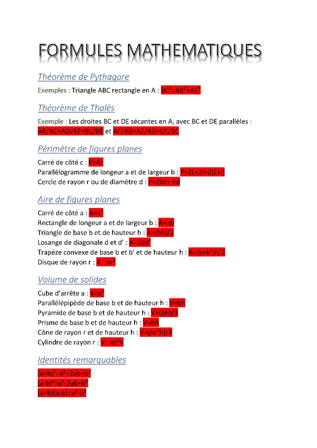 Formules mathématiques