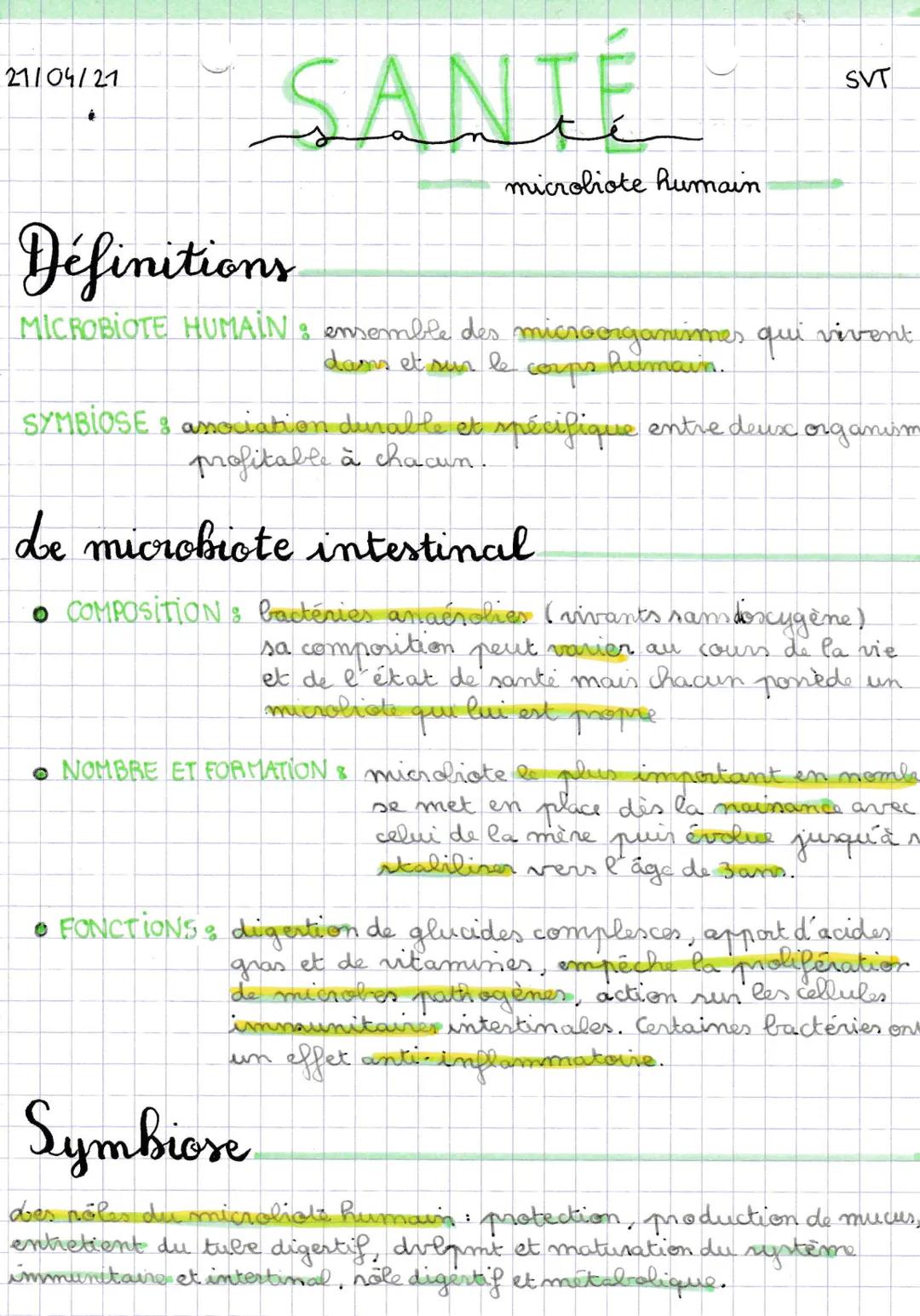 21/04/21
SANTE
microbiote humain
SVT
Définitions
MICROBIOTE HUMAIN : ensemble des microorganismes qui vivent
dans et sur le humain.
corps
SY