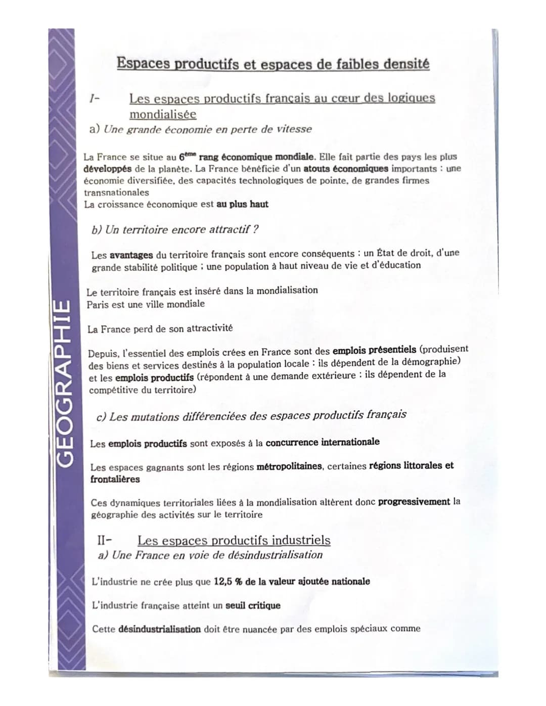 GEOGRAPHIE
1-
Espaces productifs et espaces de faibles densité
Les espaces productifs français au cœur des logiques
mondialisée
a) Une grand