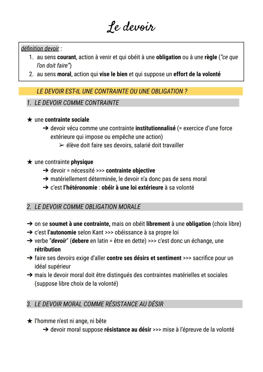 Le devoir
définition devoir :
1. au sens courant, action à venir et qui obéit à une obligation ou à une règle ("ce que
l'on doit faire")
2. 