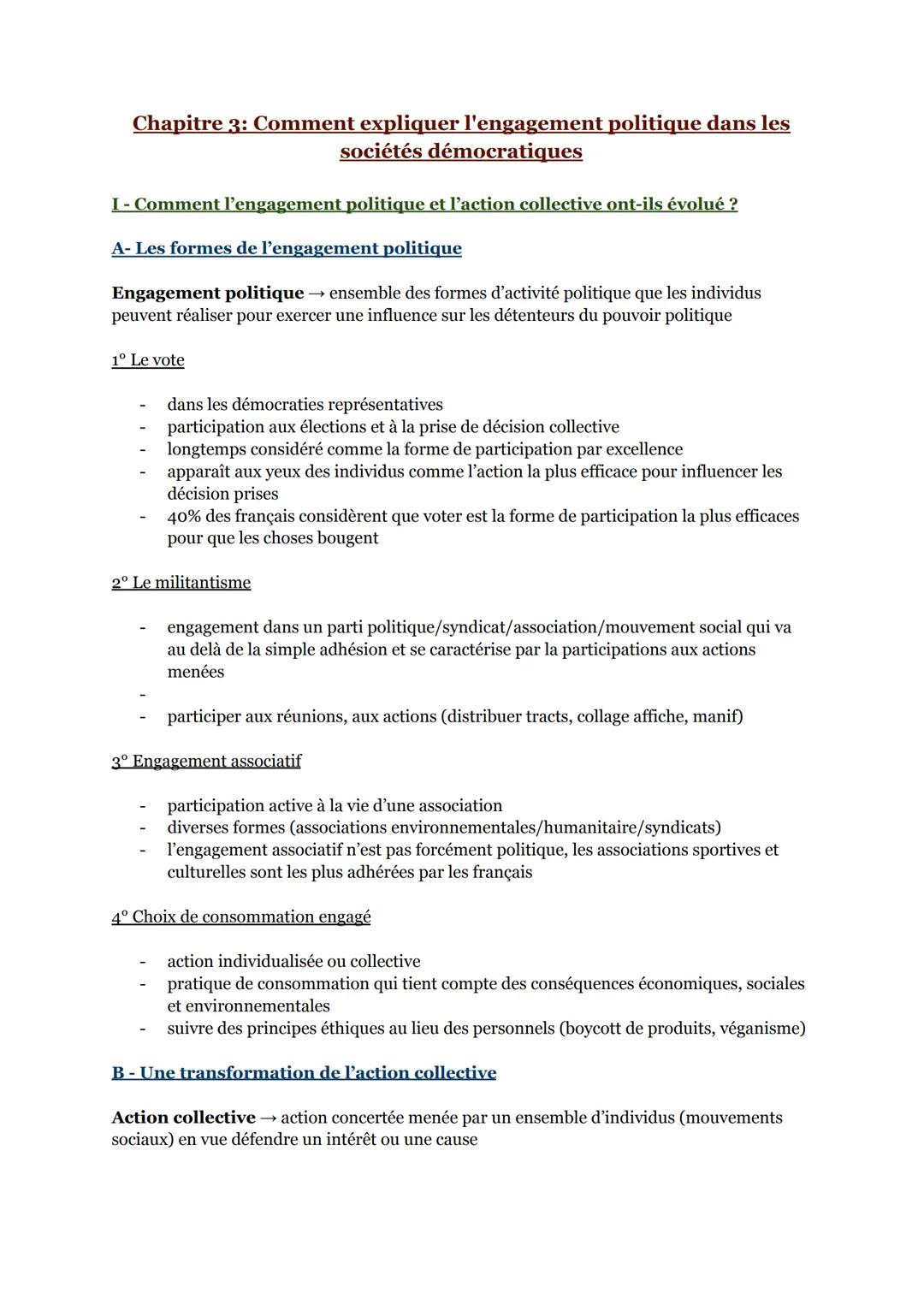 Chapitre 3: Comment expliquer l'engagement politique dans les
sociétés démocratiques
I - Comment l'engagement politique et l'action collecti