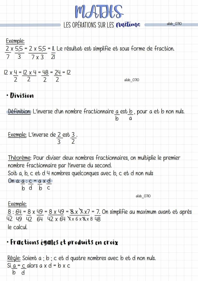MATHS
LES OPÉRATIONS SUR LES fractions
• Addition et Soustraction
Règle: Pour additionner (ou soustraire) deux nombres fractionnaires de mêm