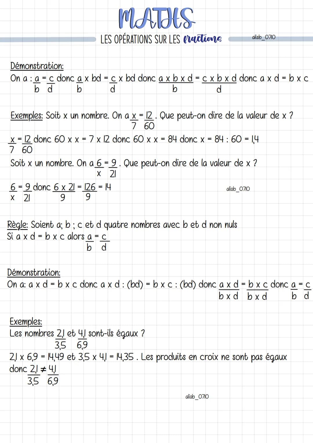 MATHS
LES OPÉRATIONS SUR LES fractions
• Addition et Soustraction
Règle: Pour additionner (ou soustraire) deux nombres fractionnaires de mêm