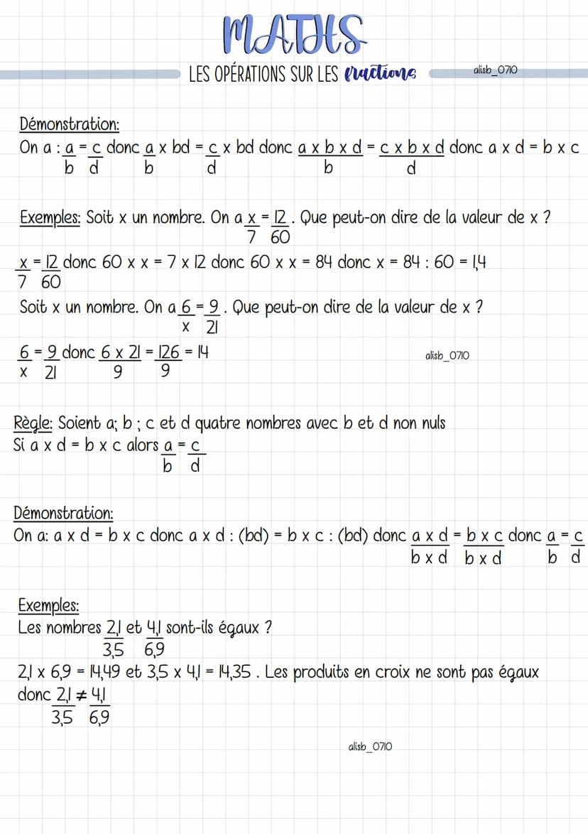 MATHS
LES OPÉRATIONS SUR LES fractions
• Addition et Soustraction
Règle: Pour additionner (ou soustraire) deux nombres fractionnaires de mêm