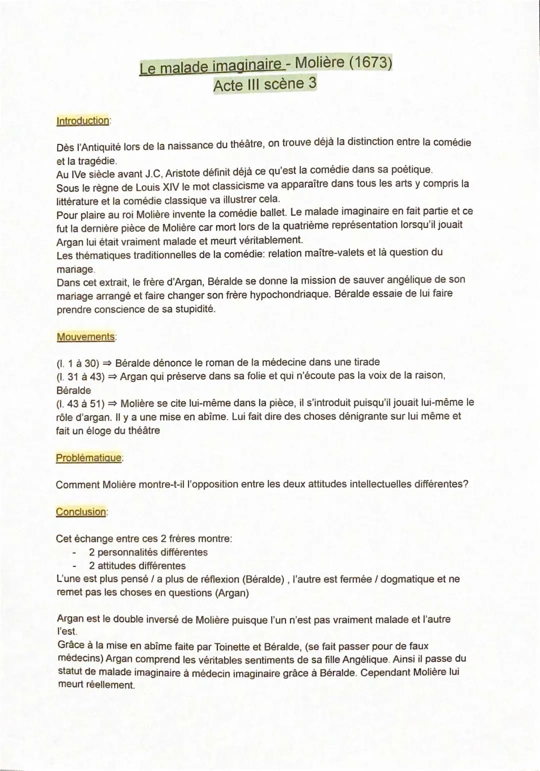 Le Malade Imaginaire acte 3 scène 3 analyse linéaire PDF
