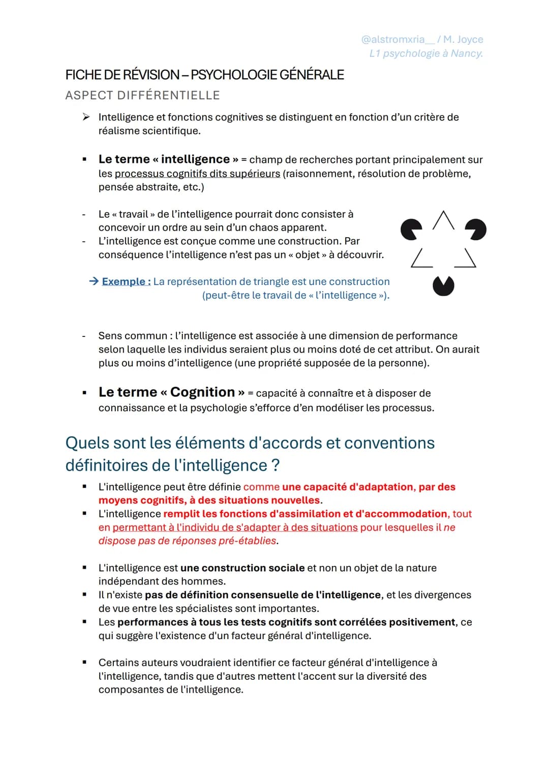 FICHE DE RÉVISION - PSYCHOLOGIE GÉNÉRALE
ASPECT DIFFÉRENTIELLE
@alstromxria_/M. Joyce
L1 psychologie à Nancy.
➤ Intelligence et fonctions co