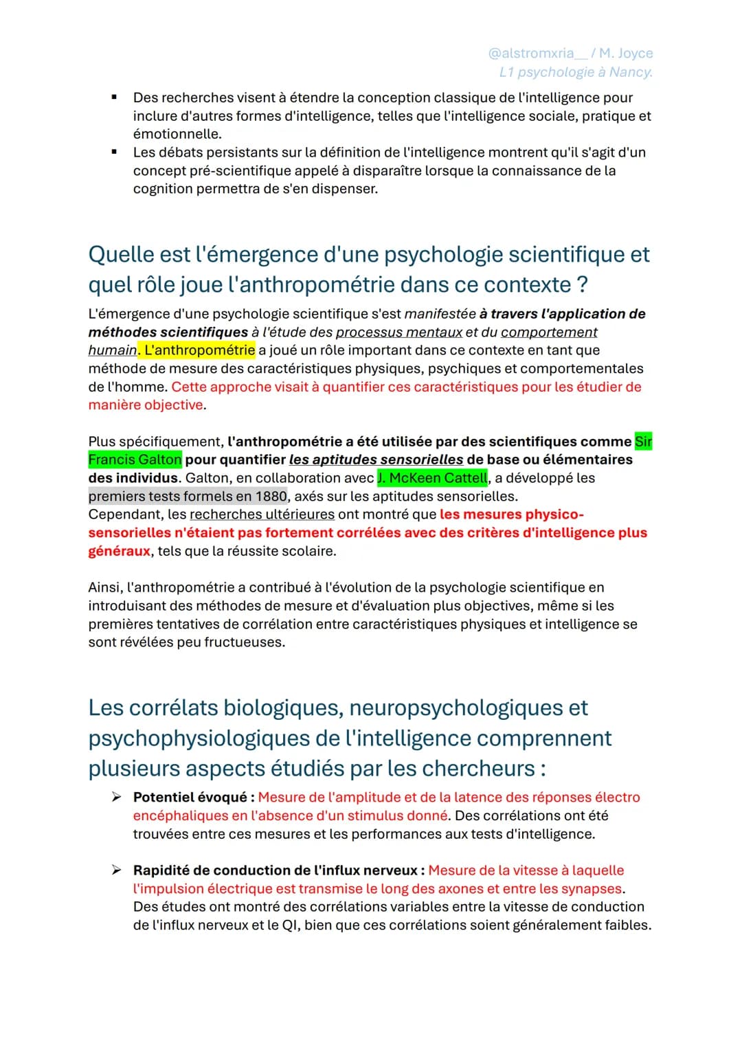 FICHE DE RÉVISION - PSYCHOLOGIE GÉNÉRALE
ASPECT DIFFÉRENTIELLE
@alstromxria_/M. Joyce
L1 psychologie à Nancy.
➤ Intelligence et fonctions co