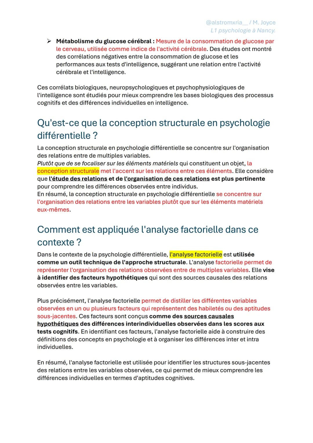 FICHE DE RÉVISION - PSYCHOLOGIE GÉNÉRALE
ASPECT DIFFÉRENTIELLE
@alstromxria_/M. Joyce
L1 psychologie à Nancy.
➤ Intelligence et fonctions co