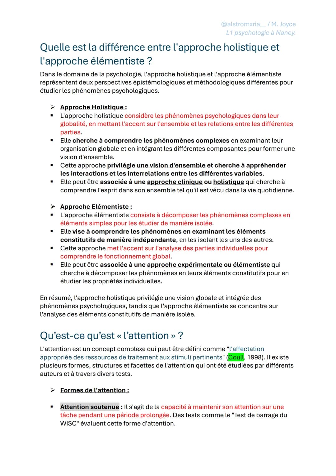 FICHE DE RÉVISION - PSYCHOLOGIE GÉNÉRALE
ASPECT DIFFÉRENTIELLE
@alstromxria_/M. Joyce
L1 psychologie à Nancy.
➤ Intelligence et fonctions co
