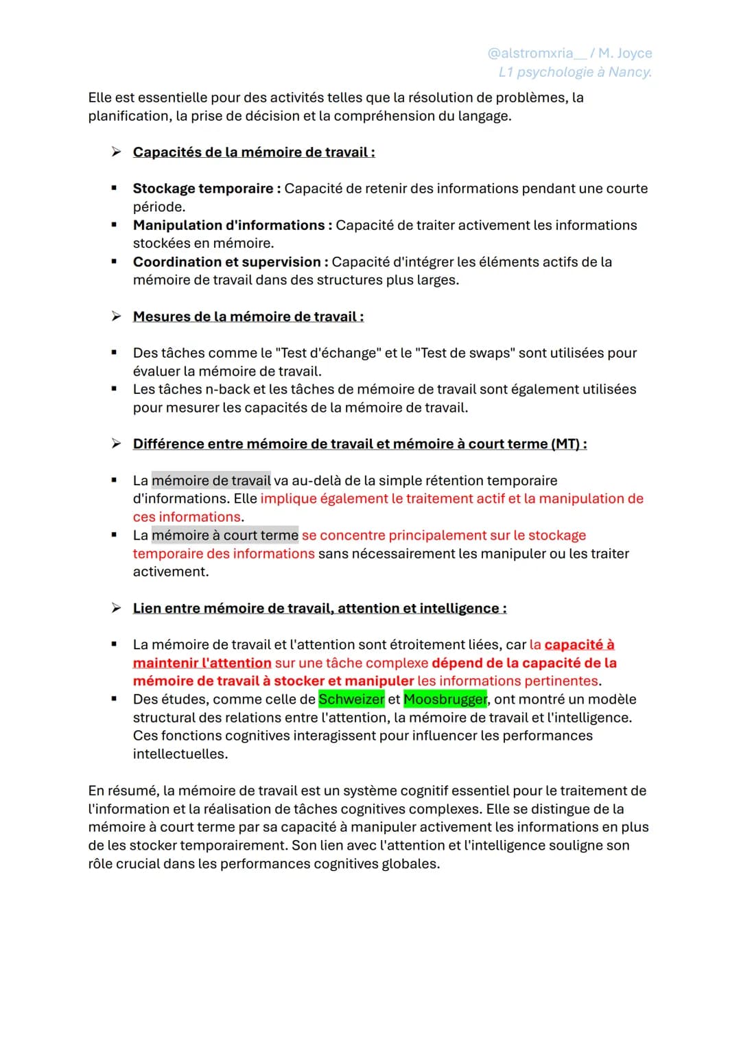 FICHE DE RÉVISION - PSYCHOLOGIE GÉNÉRALE
ASPECT DIFFÉRENTIELLE
@alstromxria_/M. Joyce
L1 psychologie à Nancy.
➤ Intelligence et fonctions co