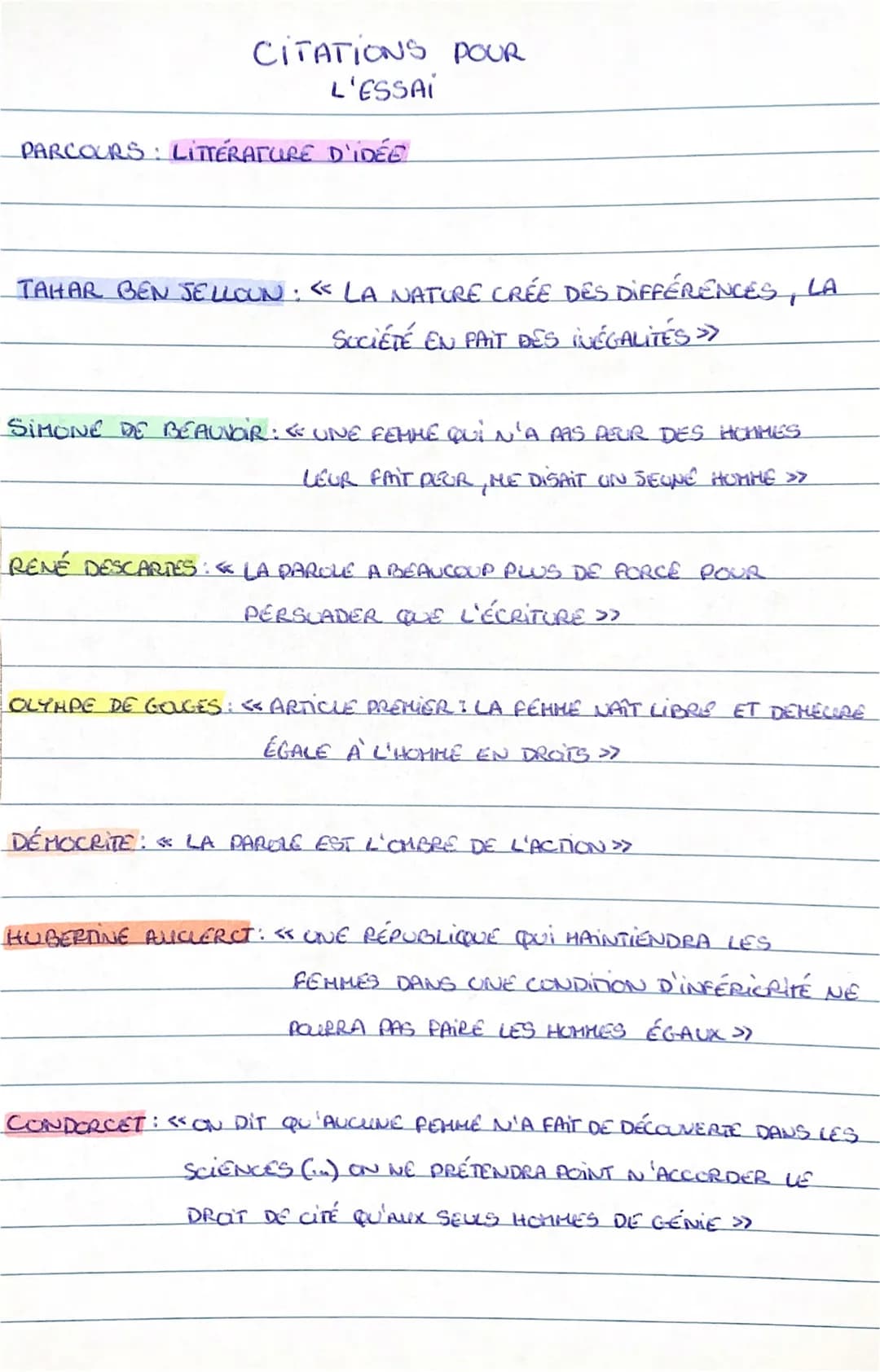 CITATIONS POUR
L'ESSAI
PARCOURS : LITTÉRATURE D'IDÉE
TAHAR BEN JELLCUN: « LA NATURE CRÉE DES DIFFÉRENCES, LA
SOCIÉTÉ EN PAIT DES INÉGALITÉS 