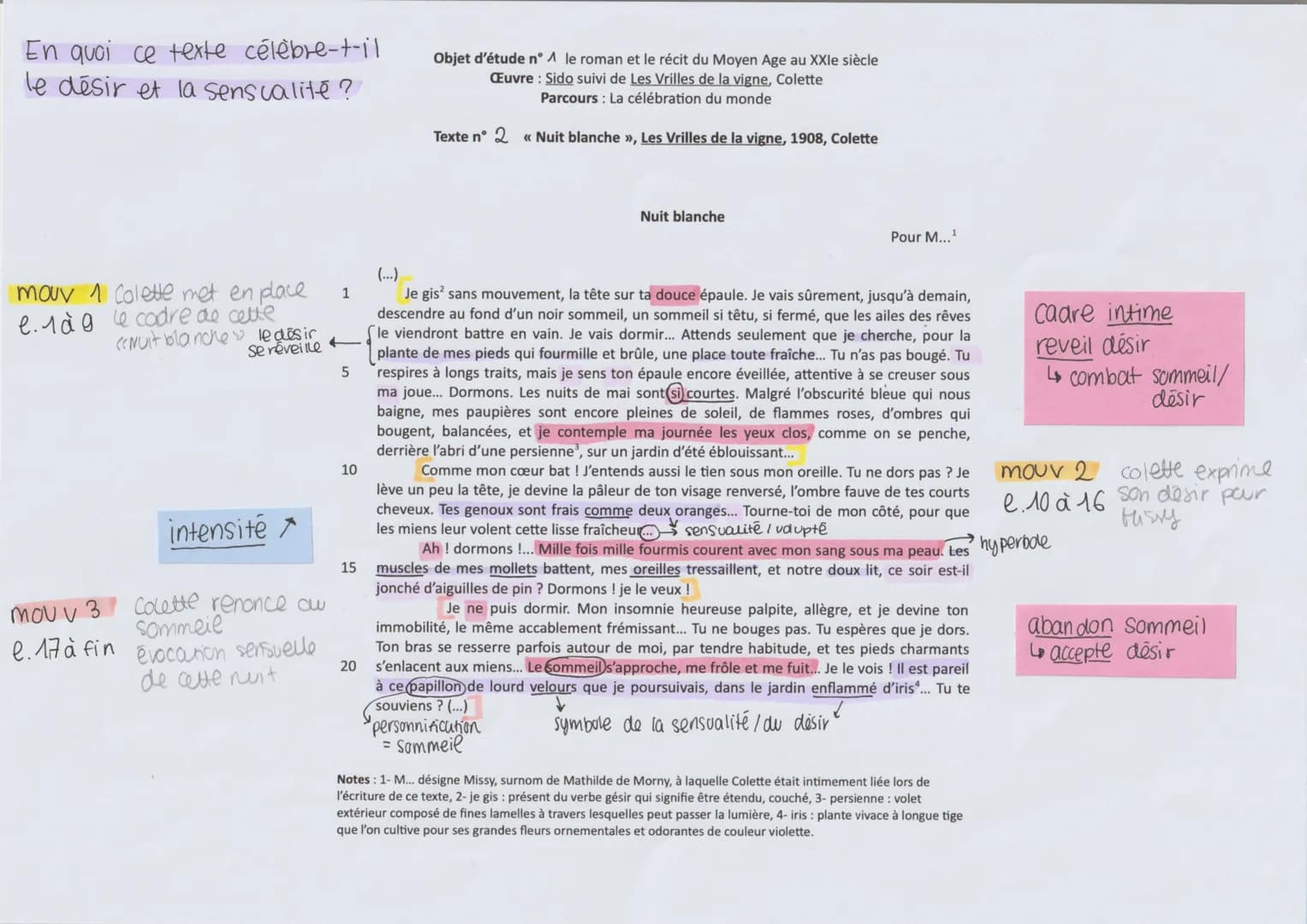 En quoi ce texte célèbre-t-il
le désir et la sensualité ?
mauv 1 Colette met en place
e. 1ag le cadre de cette
(Nuit blanche le désir
se rév