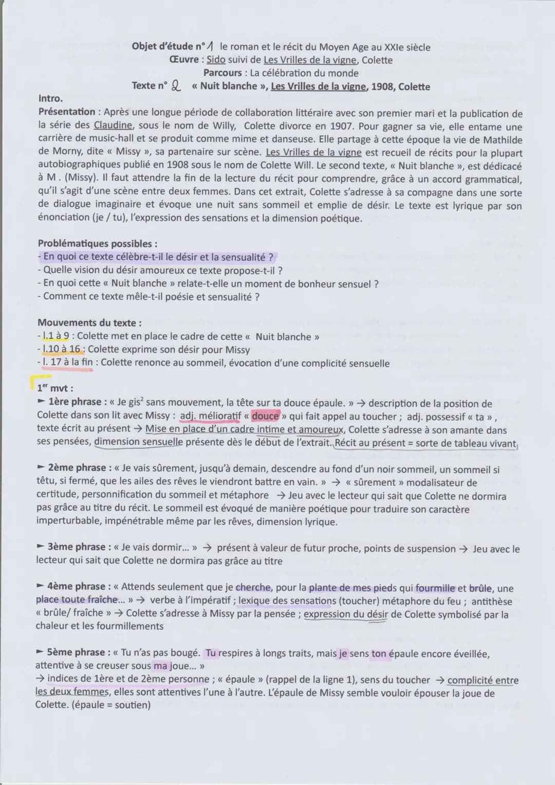 En quoi ce texte célèbre-t-il
le désir et la sensualité ?
mauv 1 Colette met en place
e. 1ag le cadre de cette
(Nuit blanche le désir
se rév
