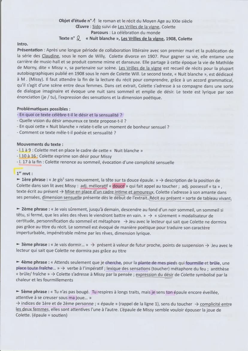 En quoi ce texte célèbre-t-il
le désir et la sensualité ?
mauv 1 Colette met en place
e. 1ag le cadre de cette
(Nuit blanche le désir
se rév