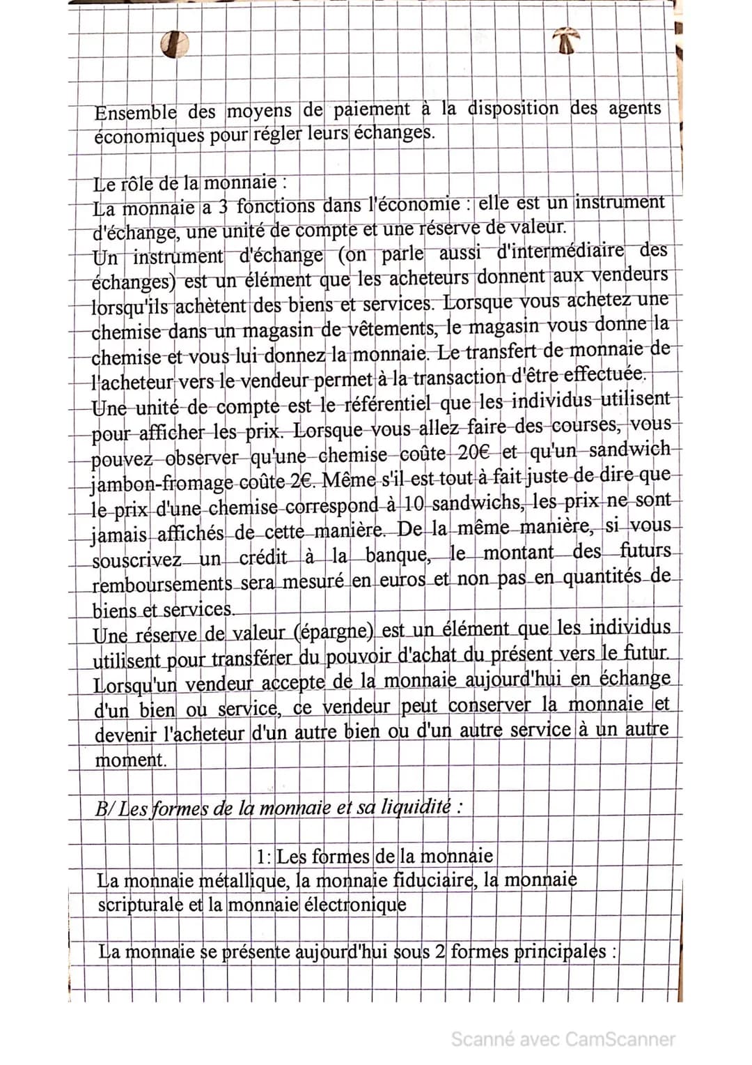 Ensemble des moyens de paiement à la disposition des agents
économiques pour régler leurs échanges.
Le rôle de la monnaie :
La monnaie a 3 f