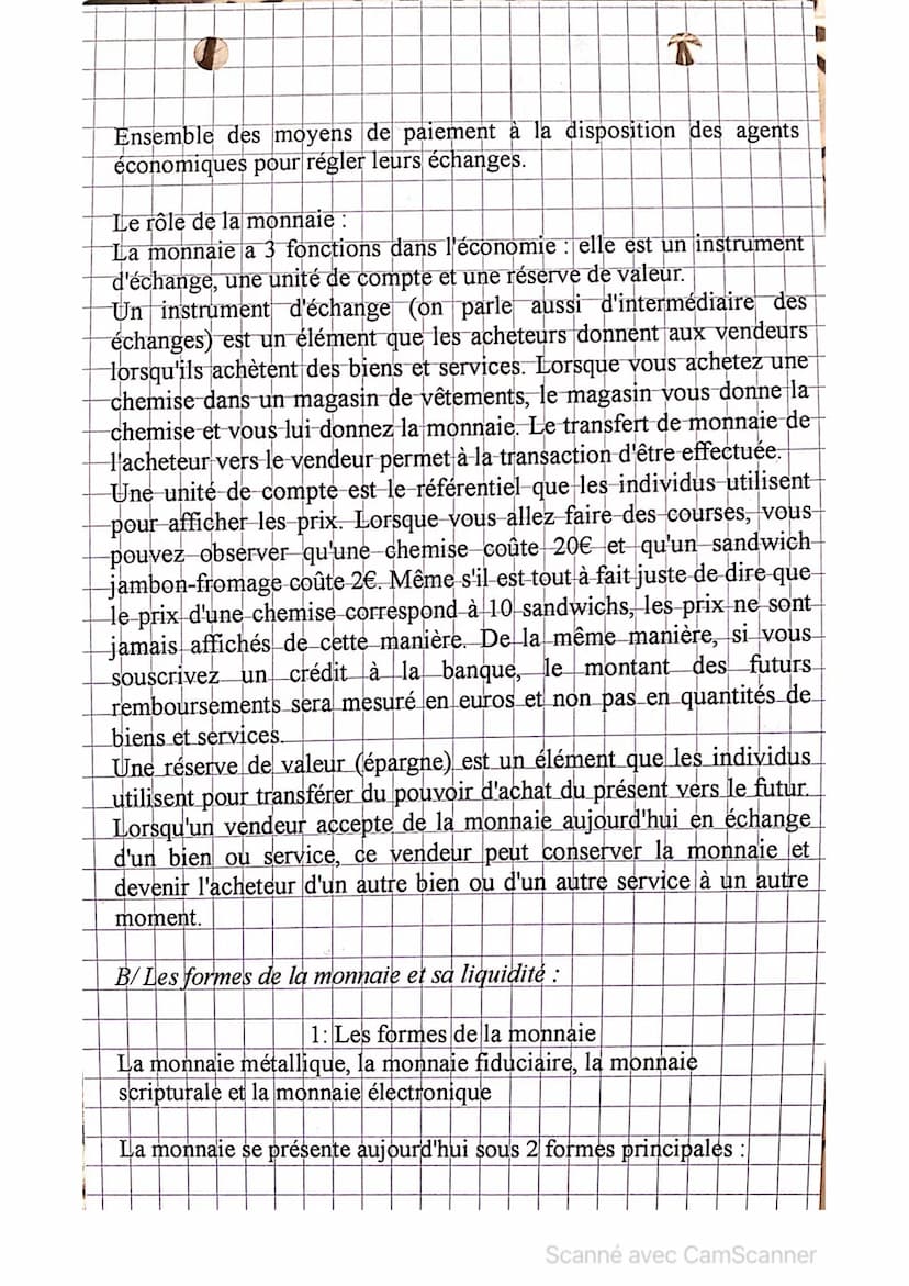 Ensemble des moyens de paiement à la disposition des agents
économiques pour régler leurs échanges.
Le rôle de la monnaie :
La monnaie a 3 f