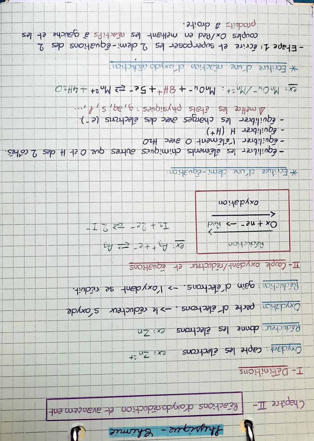 <h2 id="chapitreiiphysiquechimie">Chapitre II- Physique - Chimie</h2>
<h3 id="ractionsdoxydorductionetavancement">Réactions d'oxydoréduction