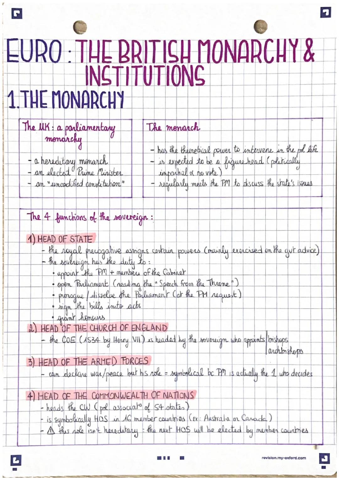 2
EURO: THE BRITISH MONARCHY &
INSTITUTIONS
1. THE MONARCHY
The UK: a parliamentary
monarchy
- a hereditary monarch
-
an elected Prime Minis