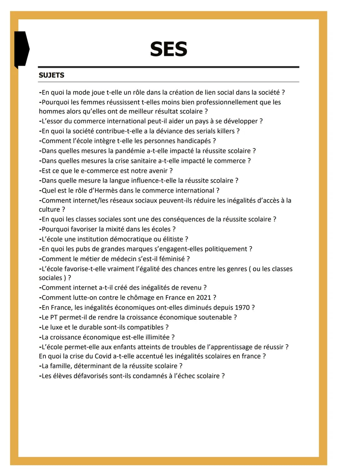 SUJETS
SES
-En quoi la mode joue t-elle un rôle dans la création de lien social dans la société ?
-Pourquoi les femmes réussissent t-elles m